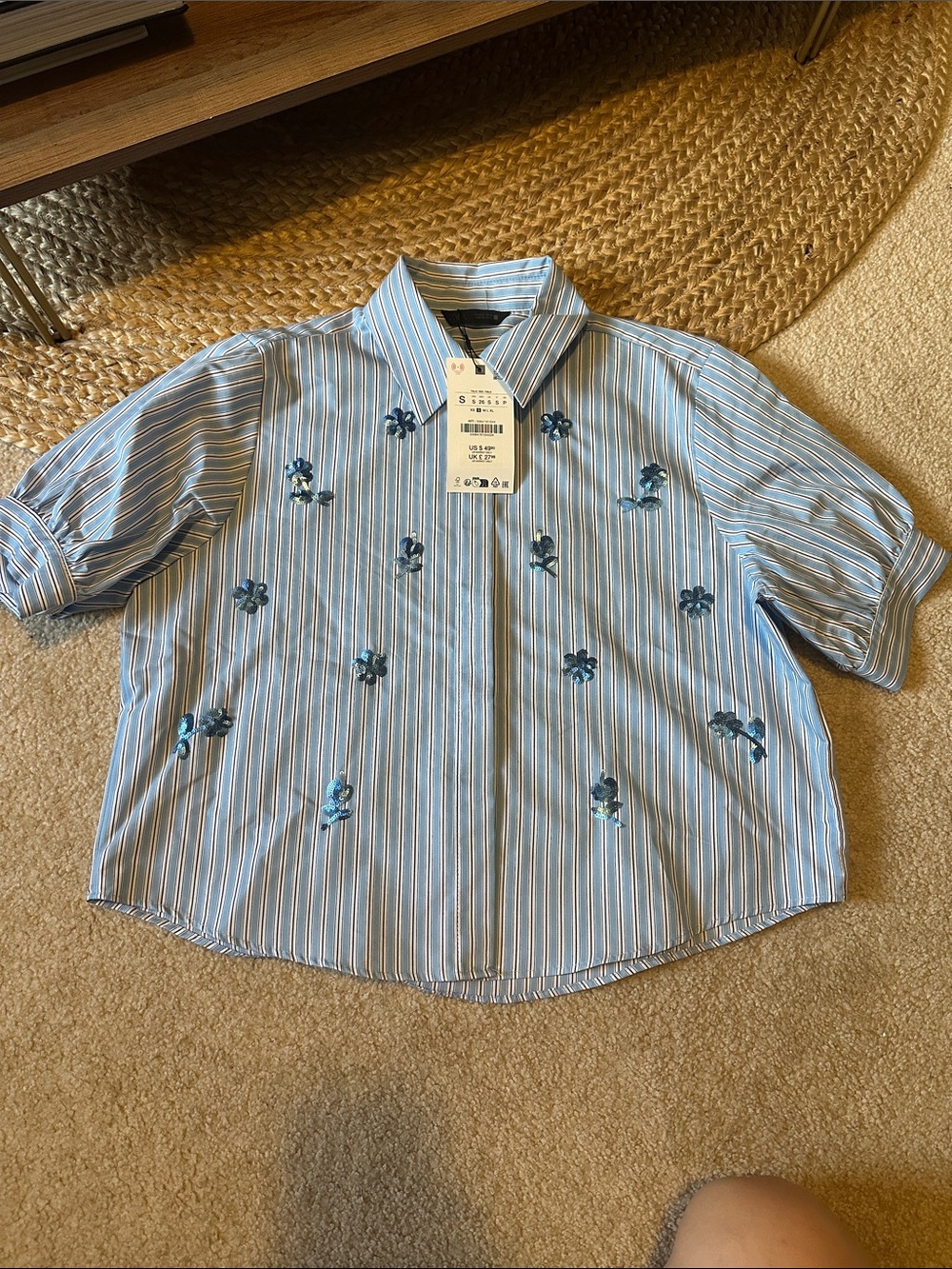 Blue Striped Embroidered Button-Up Shirt